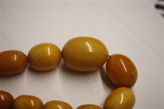 A single strand graduated oval amber bead necklace, 72cm.